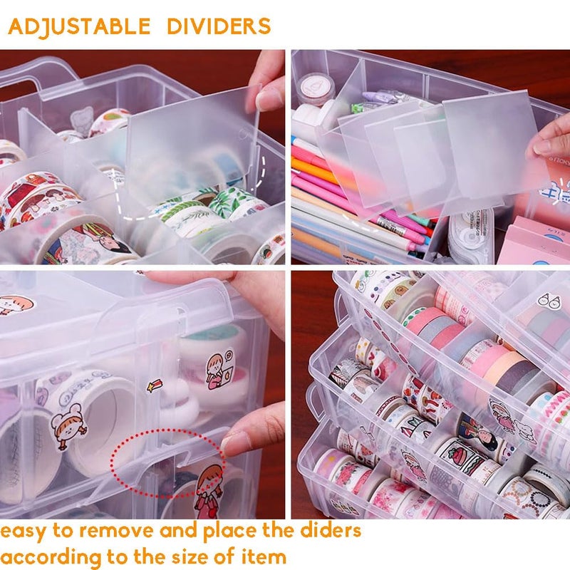 HomDSim Washi Tape Box Organizer Storage,Divider Closet Container,with 30 Adjustable Compartments,Clear,Masking Tape Desktop Tape DIY Sticker Roll Tape Cutter Holder Storage,Finger Safty Dispenser - Image 2